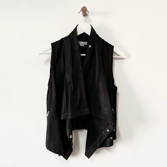 Lamarque Sarai Black Genuine Leather Waterfall Front Moto Vest - Picture 2 of 10